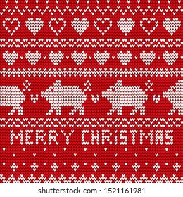 Christmas embroidery with handicraft ornaments and lines. Piggy lucky animal, heart and snowflakes repeat object. Xmas postcard or textile sign with traditional winter pattern and zodiac symbol color