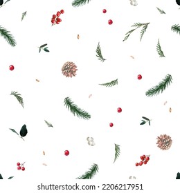 Christmas emerald greenery, red berry, cedar, salal, pine cone vector seamless design pattern. Winter chic wedding or new year wrapping paper print. Watercolor minimalist style. Isolated and editable