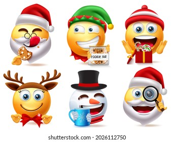 Juego de vectores de 3 caracteres del emoji de Navidad. Carácter navideño como santa claus, elfo y muñeco de nieve comiendo, bebiendo y expresión facial sorpresa para el diseño de la colección de avatares de emojis lindos.