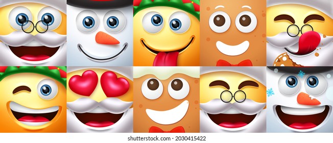 Christmas emoji character square vector set. Christmas emojis characters like santa claus, snowman, elf and gingerbread in cube shape for xmas emoticon collection design. Vector illustration.