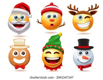 Christmas emoji character vector set. Christmas characters emojis in cute facial expression for xmas season collection design. Vector illustration.
