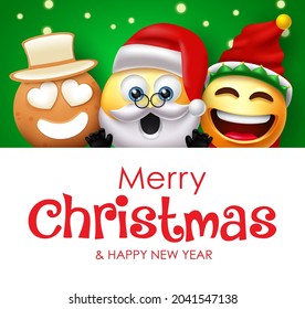Christmas emoji character vector template. Merry christmas text in space with santa claus, ginger bread, and elf smiley for xmas greeting card design. Vector illustration.
