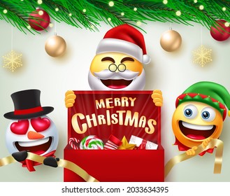 Christmas emoji characters vector design. Merry christmas text with santa claus, snowman and elf emojis character for xmas holiday season background. Vector illustration.
