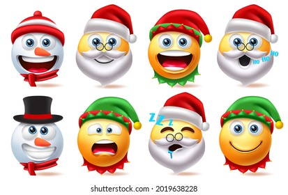 Christmas emoji characters vector set. Emojis xmas character element like santa claus, snow man and elf isolated in white background for cute avatar emoticon collection design. 
