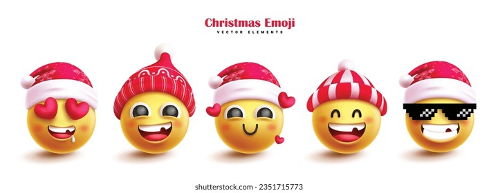 Christmas emoji characters vector set design. Christmas emojis character wearing santa hat with funny, cute and naughty facial expression isolated in white background. Vector illustration yellow emoti