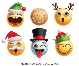 Christmas emoji characters vector set. Emoji christmas clip art character in goofy, happy, smiling, amaze, winking, naughty and funny facial expression for holiday season icon collection. Vector