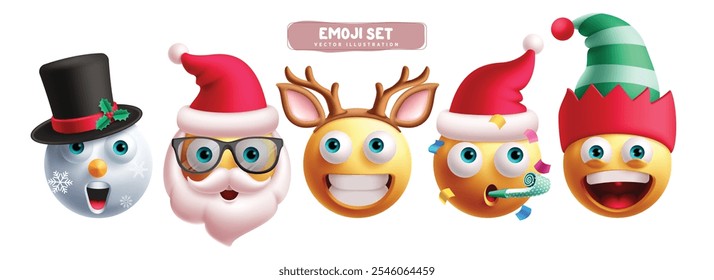 Christmas emoji characters vector set. Santa xmas emoticons with snowman, reindeer and elf characters in happy, funny, cute, excited and fun facial expression collection. Vector illustration 3d icon 