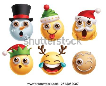 Christmas emoji characters vector set. Emoji christmas clip art character in amaze, naughty, wow, surprise, shy, blush, cry and happy facial expression. Vector illustration xmas emoticons collection. 