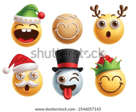 Christmas emoji characters vector set. Emoji christmas clip art character in goofy, happy, smiling, amaze, winking, naughty and funny facial expression for holiday season icon collection. Vector