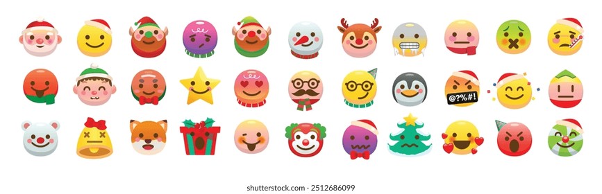 Coleção de emojis de Natal ilustram com vários rostos bonitos e expressão dos personagens sobre o Natal. Ilustração de desenho animado e isolado em fundo branco.