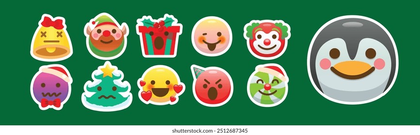 Christmas emoji collection illustrate with cute various face and expression of the characters about christmas. Cartoon illustration and isolated in Green background.