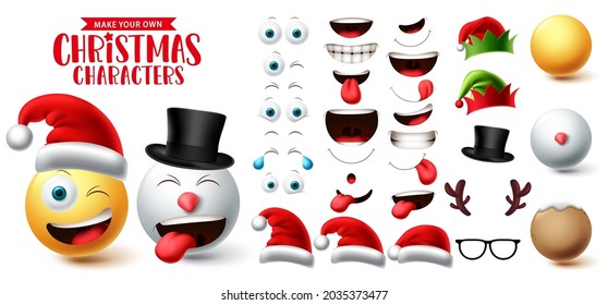 Juego de vectores de creación de emoji de Navidad. Emoticon cara ojos, boca, sombrero y cabeza emoticono de colección de caracteres creador para el diseño de elementos gráficos de navidad. Ilustración vectorial.
