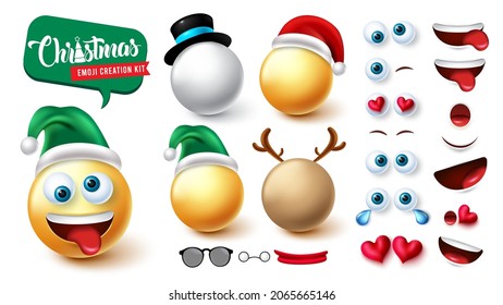 Christmas emoji creator vector set. Emojis xmas 3d characters kit of santa, snowman and reindeer with editable face for cute facial expression creation design. Vector illustration.
