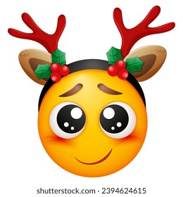 Emoji de Navidad con cuernos de ciervo y oídos con fondo blanco. Feliz Año Nuevo. Cara sonriente amarilla y sonrojada. Feliz. Emotóxico cutáneo