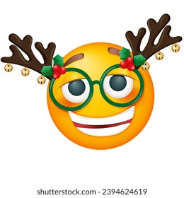 Christmas emoji with deer horns and glasses on white background. Happy New Year. Smiling yellow blushed face. Happy. Cute emoticon