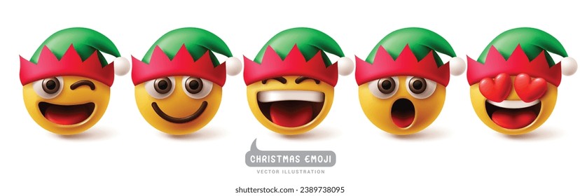 Christmas emoji elf character vector set. Christmas elf emojis and emoticon characters in happy, funny and smiling facial expression. Vector illustration emojis elf collection. 
