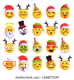 Christmas emoji funny and cute holiday set. Santa Claus, snowman festive emoji collection, Vector flat style cartoon illustration isolated on white background
