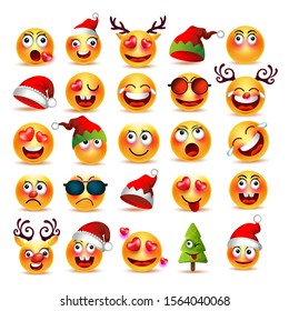Christmas Emoji funny and cute holiday set, vector illustration icons.Santa Claus festive emoji collection