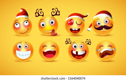 Christmas Emoji funny and cute holiday set, vector illustration icons.Santa Claus festive emoji collection