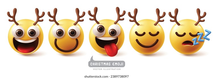 Juego de vectores de caracteres de reno de emoji de Navidad. Emojis de reno de Navidad y personajes emoticonos en expresión facial feliz, divertida e traviesa para Navidad. Reno de ilustración de vectores 