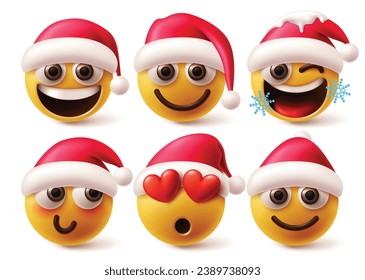 Christmas emoji santa claus vector set. Christmas emoticons and emojis collection wearing santa hat costume and mascot in happy, funny and in love facial expression. Vector illustration emojis santa 