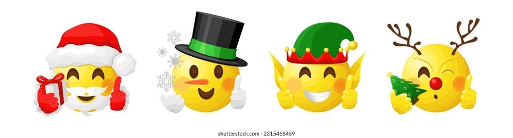 Christmas emoji set with elf, deer, xmas tree, gift box, snowman and snowflakes