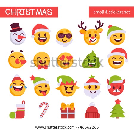 Christmas emoji set. Holiday emoticon collection. Flat style vector illustration.