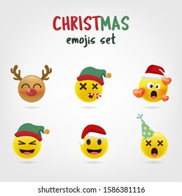 Christmas emoji set. Holiday set of Christmas face icons with different emotions. 3d style vector.