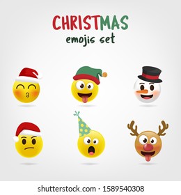 Christmas emoji set. Holiday set of Christmas face icons with different emotions. 3d style vector.
