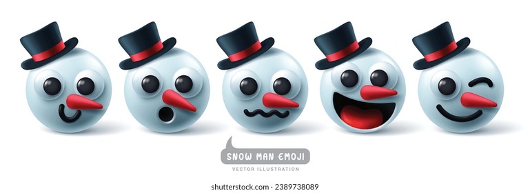 Christmas emoji snowman character vector set. Christmas snow man emojis and emoticons characters for xmas winter holiday season design. Vector illustration snow man emoticon collection. 
