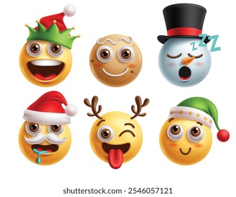 Christmas emoji vector characters set. Emojis xmas clip art character with santa, elf, ginger bread, snowman, reindeer and cute yellow icon wearing holiday season hat collection. Vector illustration 