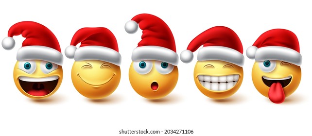 Christmas emoji vector set. Emojis xmas characters icon collection wearing santa hat isolated in white background for graphic design elements. Vector illustration.
