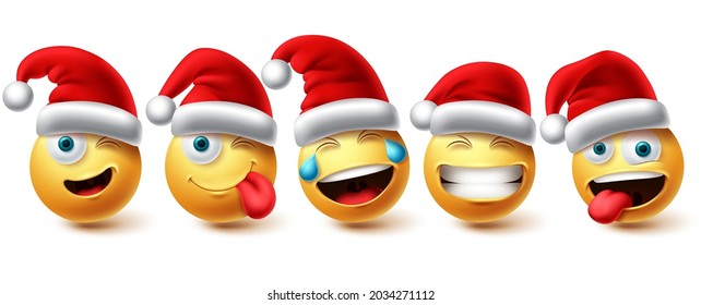 Christmas emoji vector set. Emojis xmas characters wearing santa red hat icon collection isolated in white background for graphic design elements. Vector illustration.
