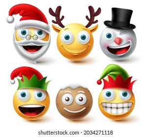 Christmas emoji vector set. Emojis xmas characters like santa, elf, gingerbread and raindeer icon collection facial expression isolated in white background for graphic design elements. Vector 