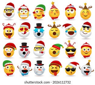 Christmas emojis character vector set. Christmas cartoon character like santa claus, snow man, elf and emoji in different facial expression like inlove, sleeping and cold for cute flat avatar.