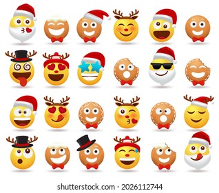 Christmas emojis character vector set. Christmas cartoon character like santa claus, ginger bread and emoji in different facial expression like dizzy, inlove and surprise for xmas holiday flat avatar.