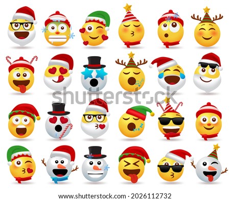 Christmas emojis character vector set. Christmas cartoon character like santa claus, snow man, elf and emoji in different facial expression like inlove, sleeping and cold for cute flat avatar.