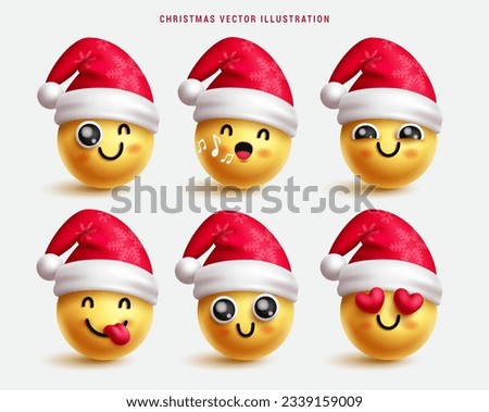 Christmas emojis characters vector set design. Christmas emoji emoticons wearing santa hat elements in happy, smiling, inlove, singing and winking cute facial expression. Vector illustration yellow sm
