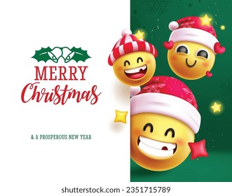 Christmas emojis characters vector template design. Merry christmas text in empty space with cute funny emoji character for greeting card background. Vector illustration greeting card design.
