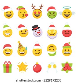 Christmas emojis flat icons set. Pictogram, logogram, ideogram for electronic messages and web pages. Funny emojis with santa claus hat, snowman, present box and star. Color isolated illustrations