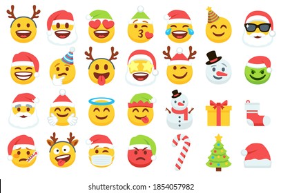 Christmas emojis. Santa Claus emoticons in xmas hat, snowman and funny yellow faces with deer antler headbands. Gift box, Christmas tree and candy vector icons set