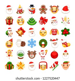 Christmas emojis set. Santa Claus, snowman, smiley and other characters. New Year emoticons for messenger. Isolated on white background. Clipping paths included.