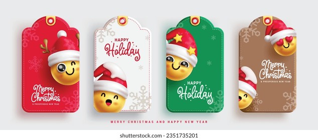 Christmas emojis tags vector set design. Merry christmas and happy new year text with emojis cute characters for gift wrap tags collection.
