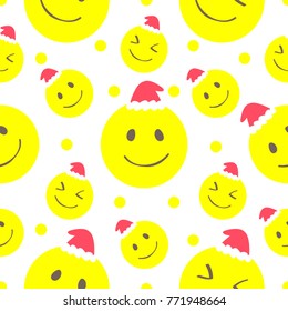 Christmas emoticon Seamless Pattern with happy yellow smilies face