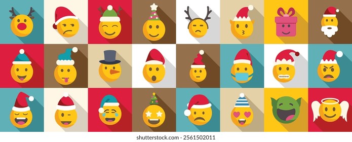 Christmas emoticons icons set. Christmas emojis wearing santa hats, reindeer antlers, elf hats, and other festive accessories, expressing a wide range of emotions