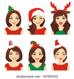 Christmas emotions woman in different headband vector illustration