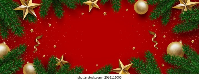 Christmas empty banner design. Xmas tree branches and gold decor composition. Eps10 vector.