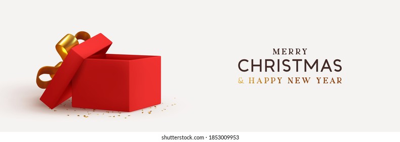 Christmas Empty Open gift box template. Xmas design Realistic decorative objects. Sale banner, surprise poster, flyer and brochure. mock up holiday. Celebrate birthday, anniversary, wedding. flat lay.