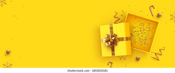 Christmas Empty Open gift box template. Xmas design Realistic decorative objects. Sale banner, surprise poster, flyer and brochure. mock up holiday. Celebrate birthday, anniversary, wedding. flat lay.