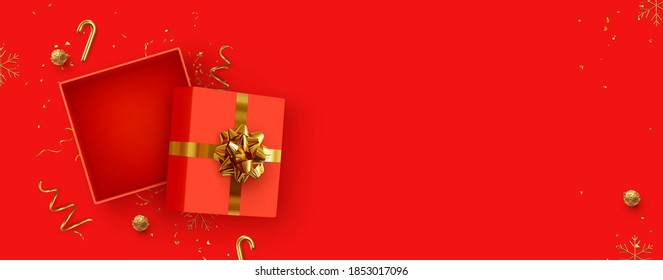 Christmas Empty Open gift box template. Xmas design Realistic decorative objects. Sale banner, surprise poster, flyer and brochure. mock up holiday. Celebrate birthday, anniversary, wedding. flat lay.